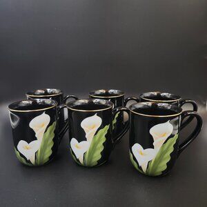 Vintage Otagiri "Cala Lily" Coffee Mugs(6) Black w Gold Trim EUC
